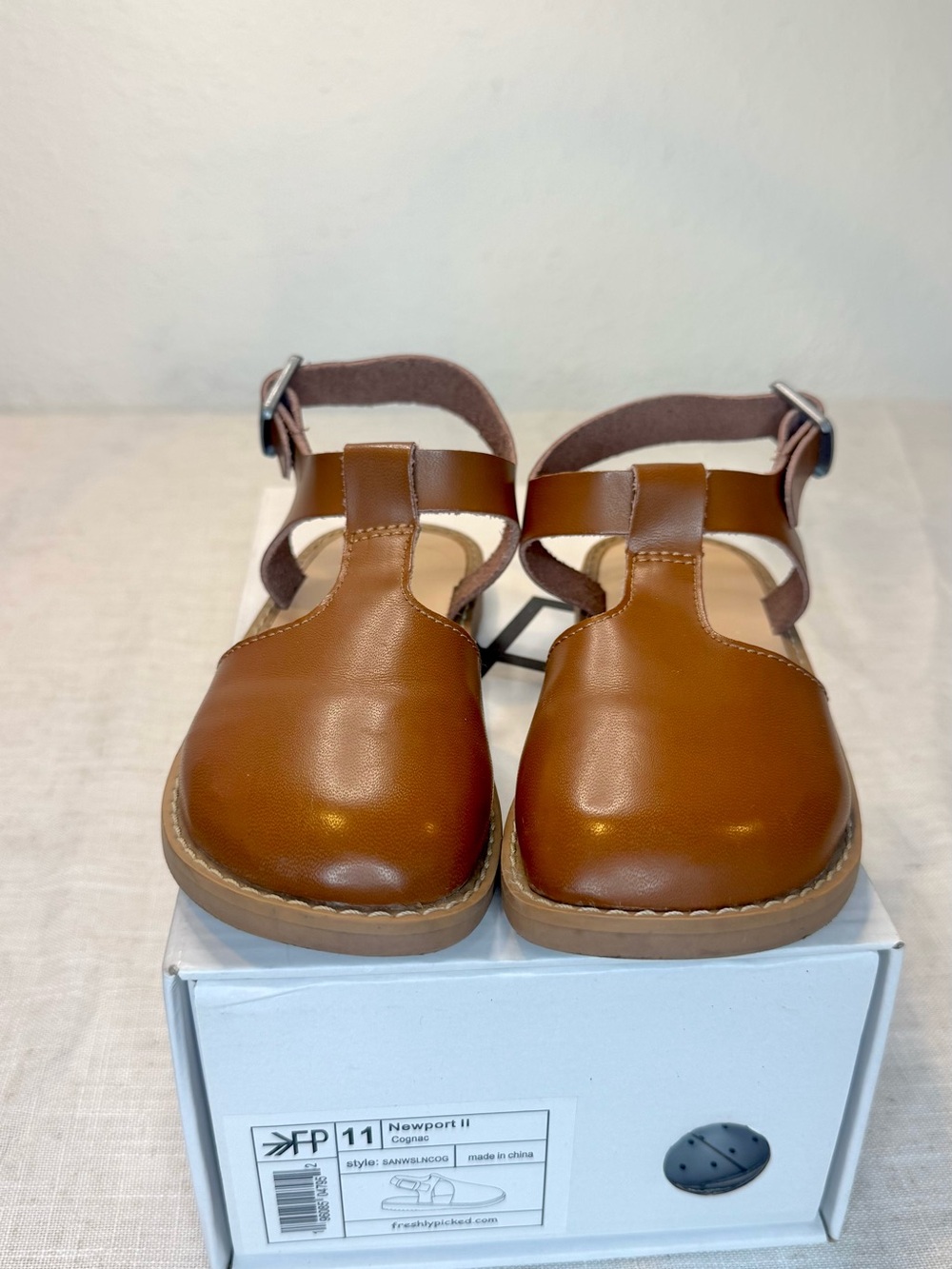 Freshly Picked Newport II Kids T-Strap Sandals in Cognac